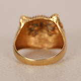 Vintage 1970s 18K Yellow Gold Cat's Eye Moonstone and Diamond Cat Motif Ring, Size US 5.5