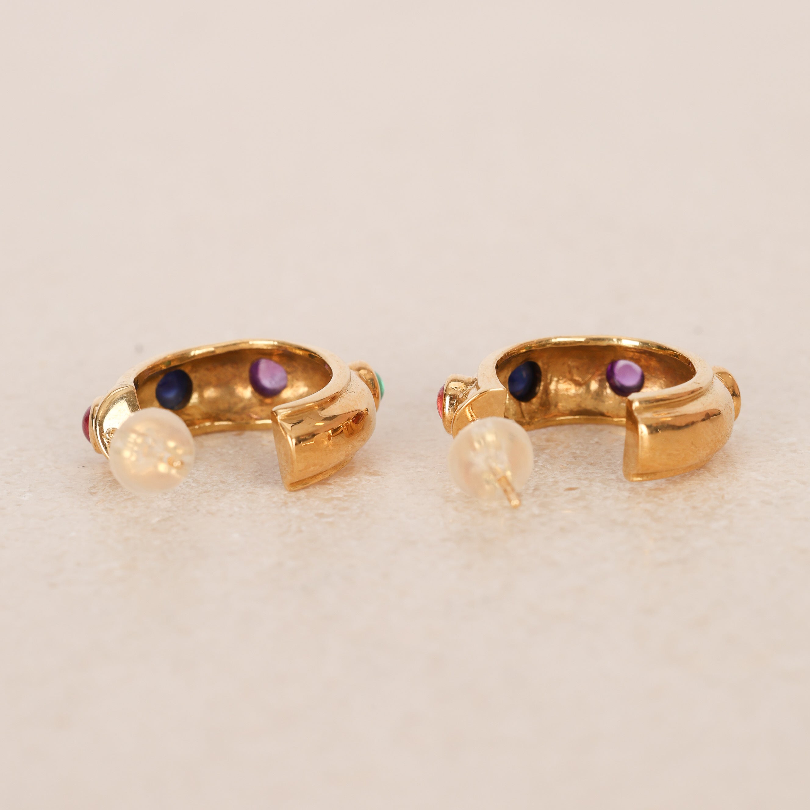 Vintage 1980s 18K Yellow Gold Garnet, Sapphire, Amethyst, and Emerald Hoop Earrings
