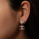 Chanel 2023 Crystal Heart CC Drop Clip-on Earrings