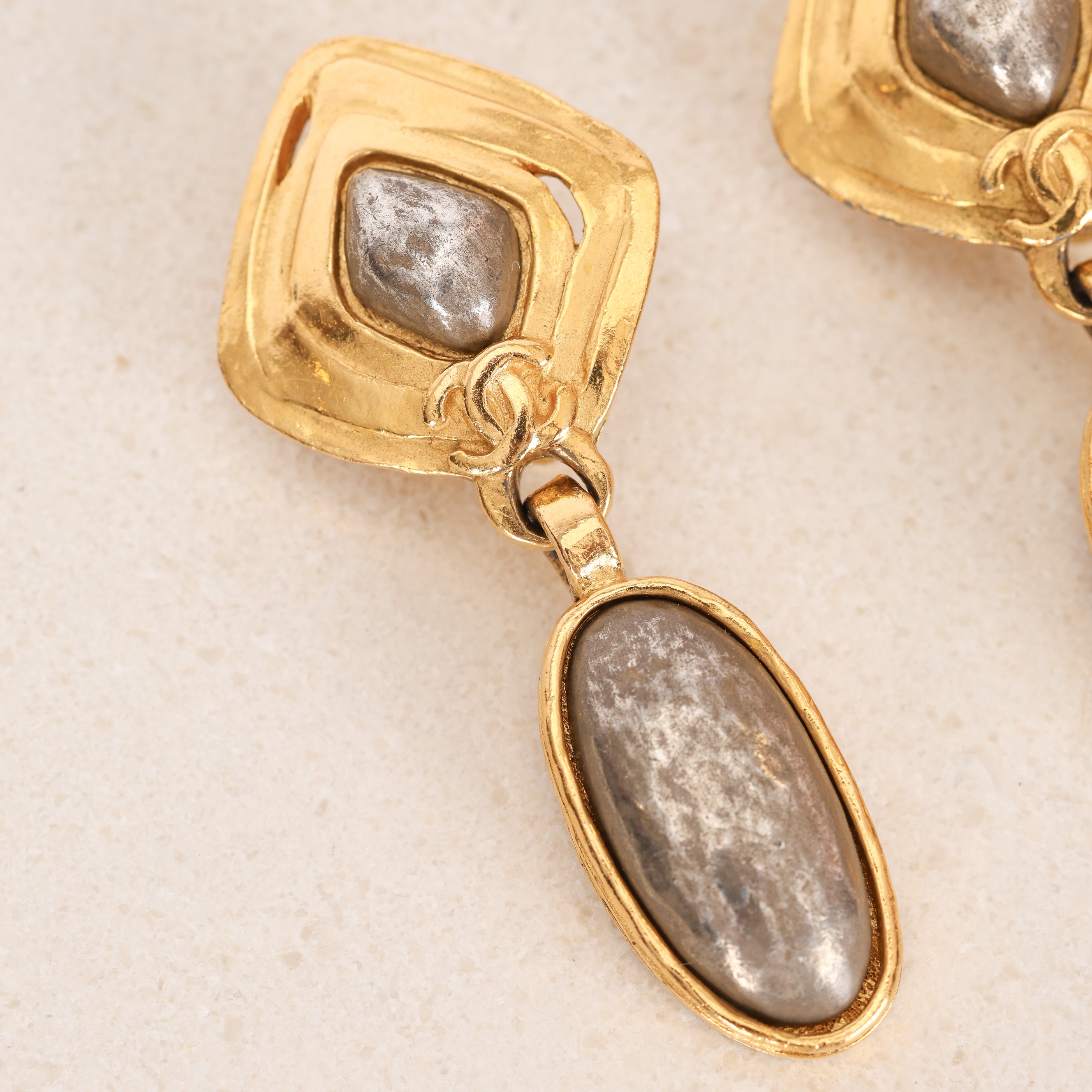 Chanel 1997 CC Deco Drop Clip-On Earrings 24K GP