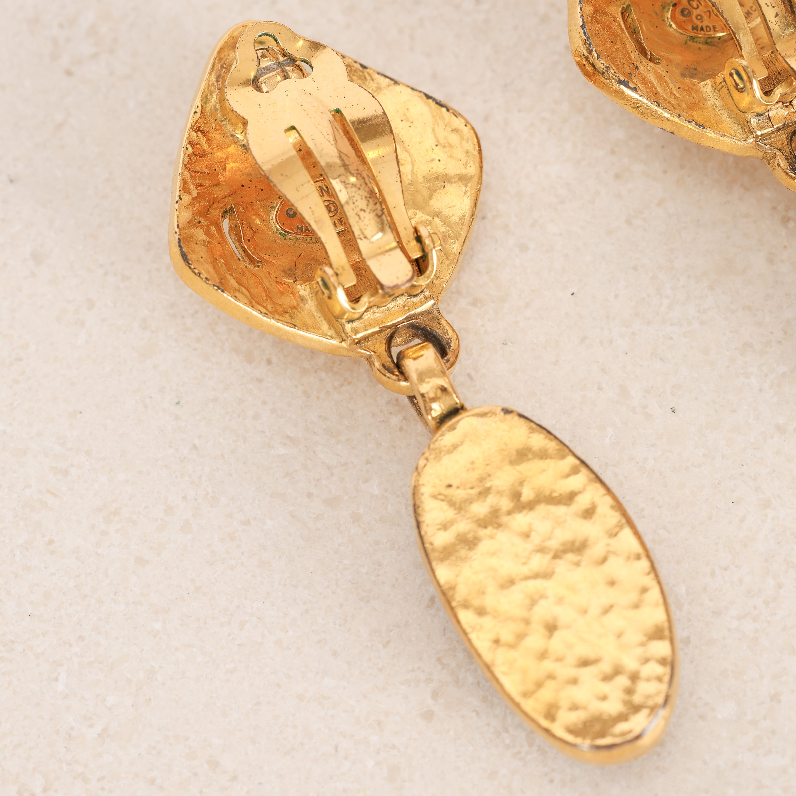 Chanel 1997 CC Deco Drop Clip-On Earrings 24K GP