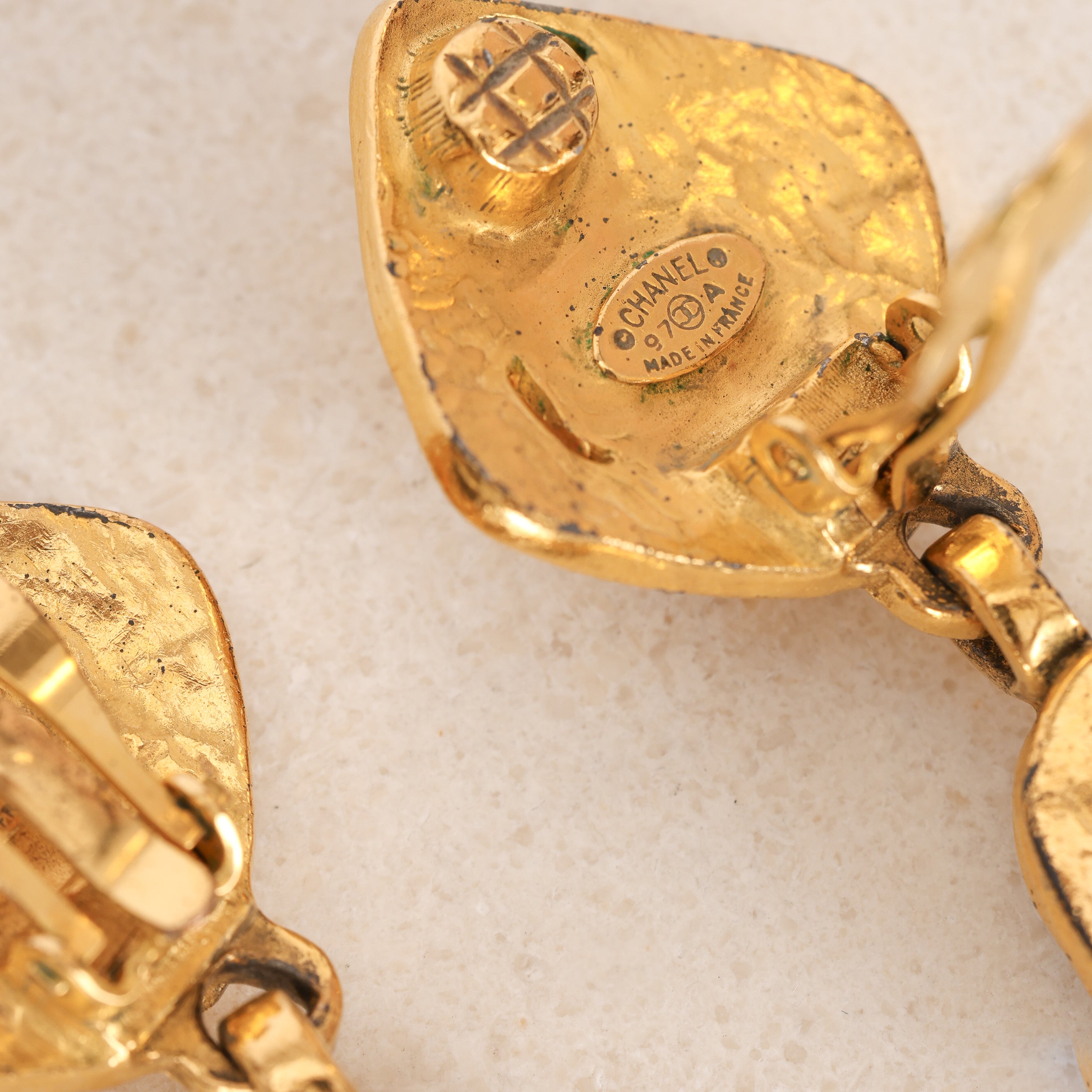 Chanel 1997 CC Deco Drop Clip-On Earrings 24K GP