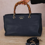 Gucci Leather Navy Medium Bamboo Shopper Tote