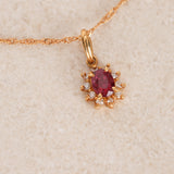18K Yellow Gold and Ruby Flower Halo Pendant Necklace