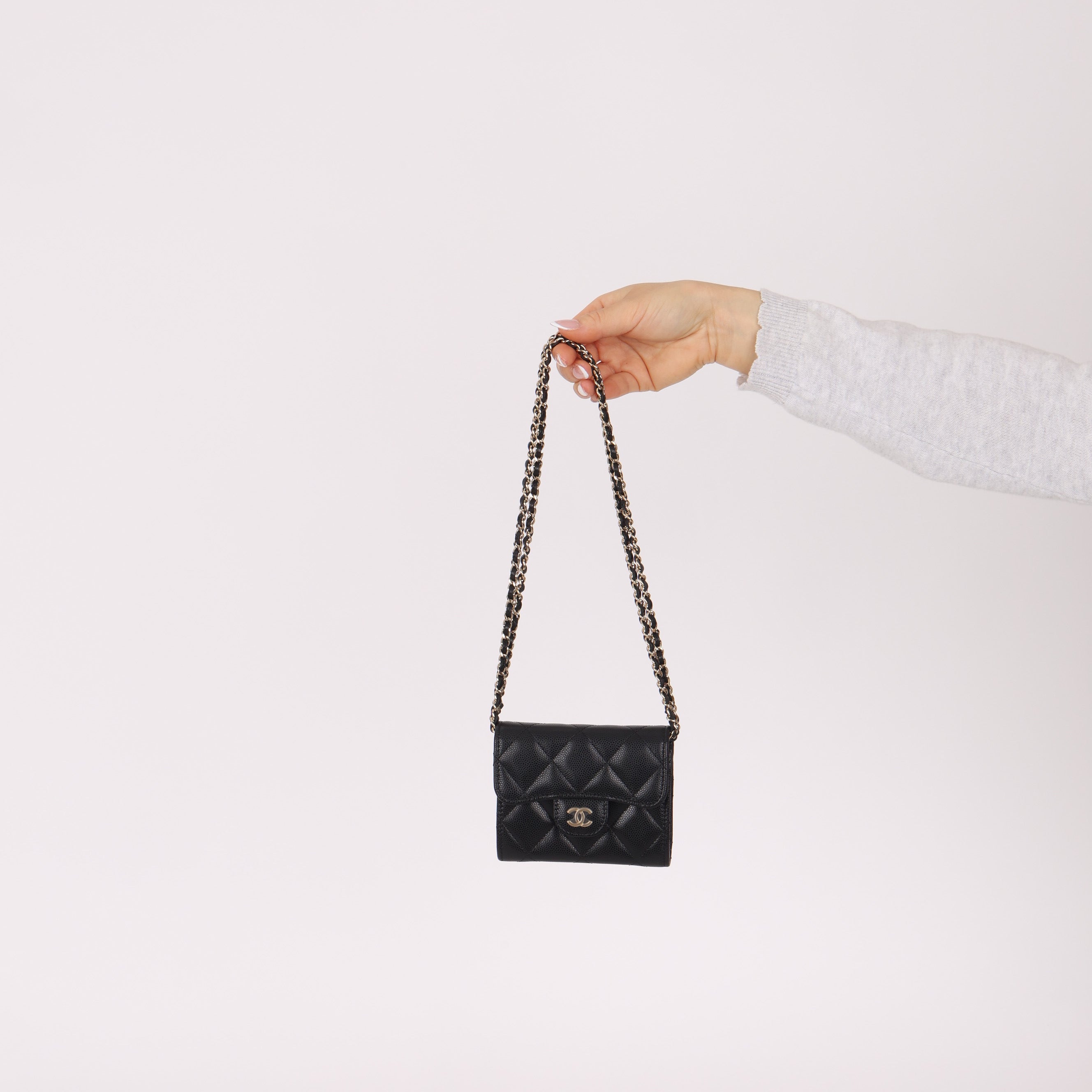 Chanel 2022 Caviar Quilted Flap Card Holder On Chain