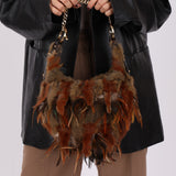 Rare Fendi Feather & Mink Crescent Toggle Shoulder Bag