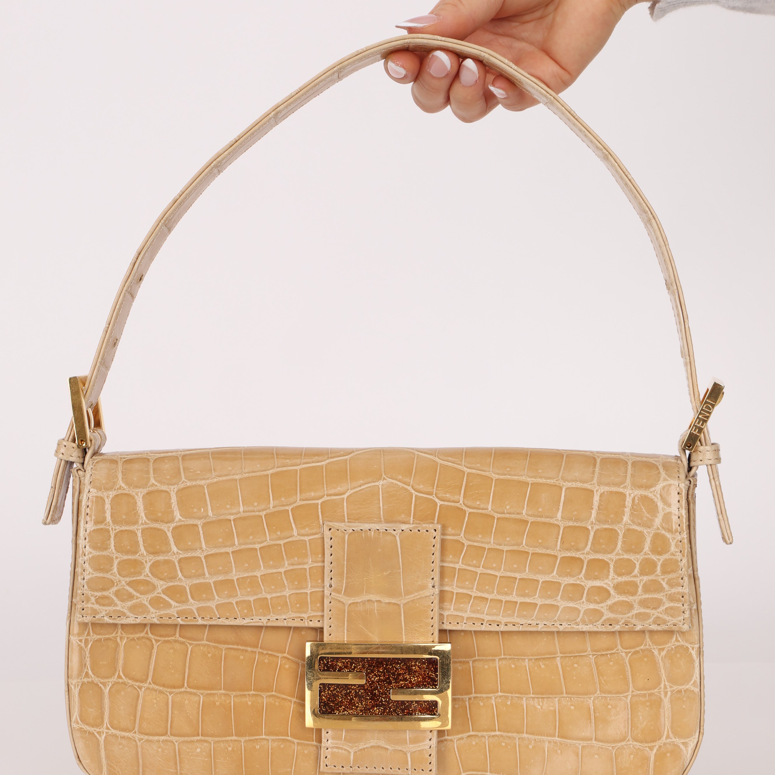 Ultra-Rare Vintage Fendi Shiny Crocodile Baguette Glitter GHW