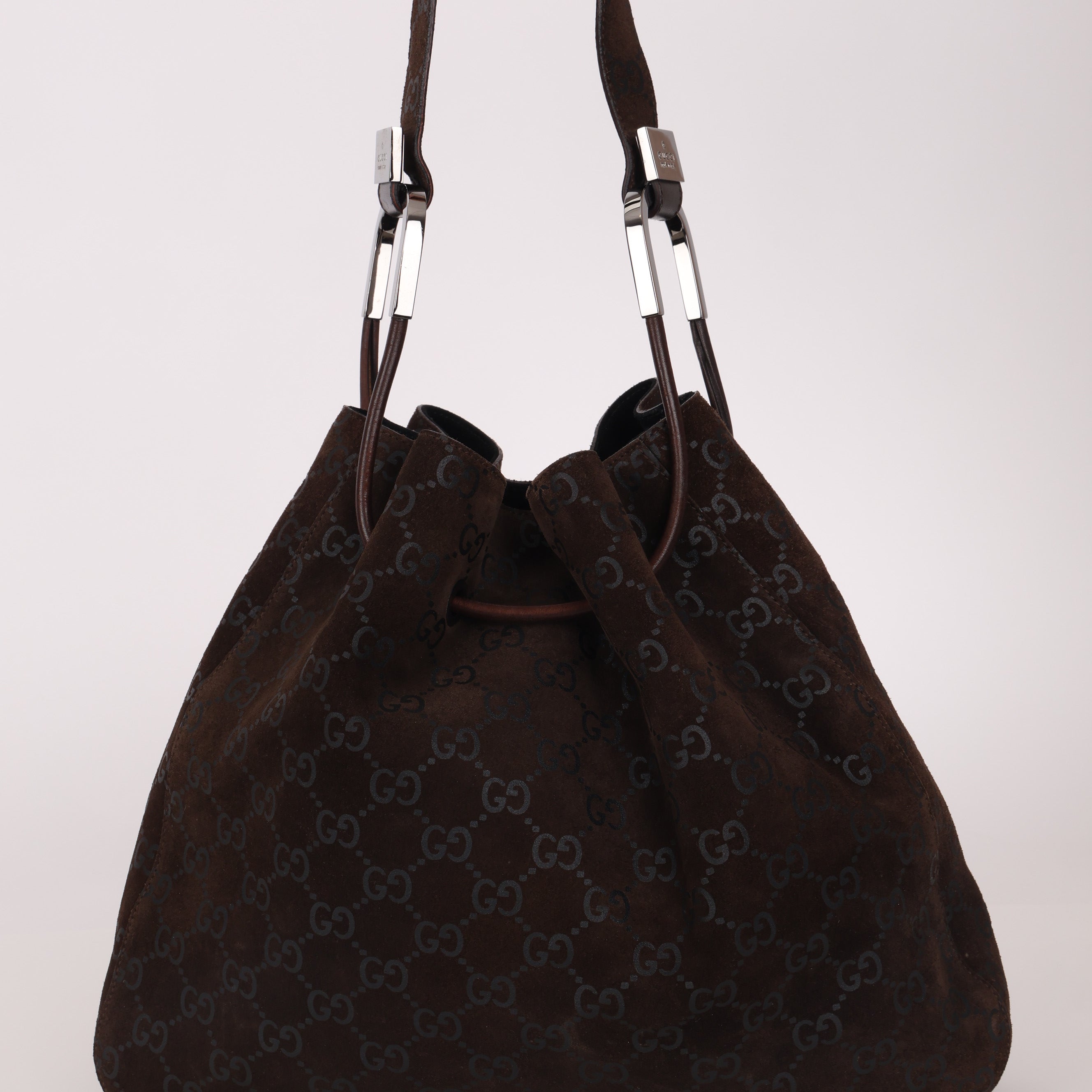 Gucci Chocolate Suede Monogram Bucket Bag