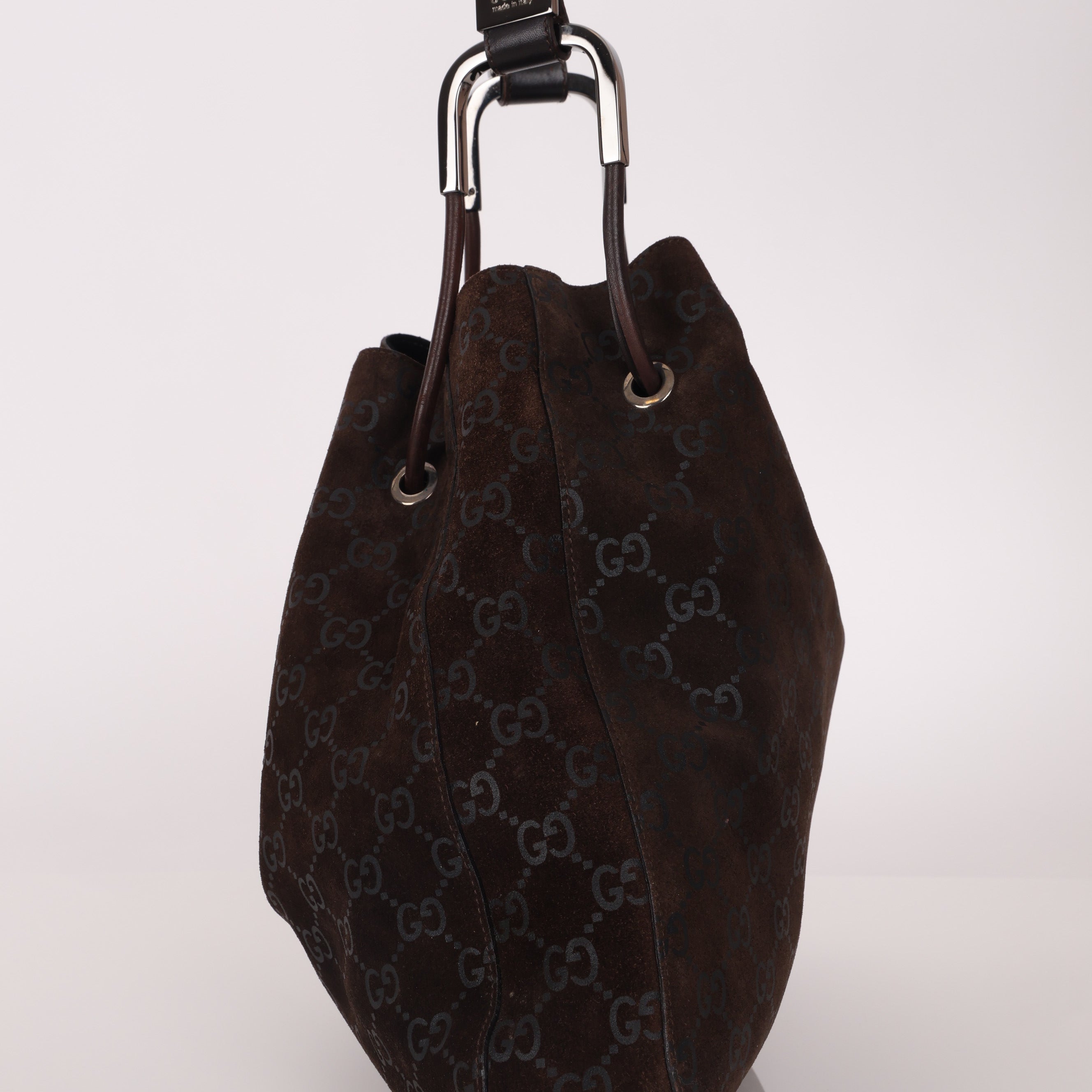 Gucci Chocolate Suede Monogram Bucket Bag
