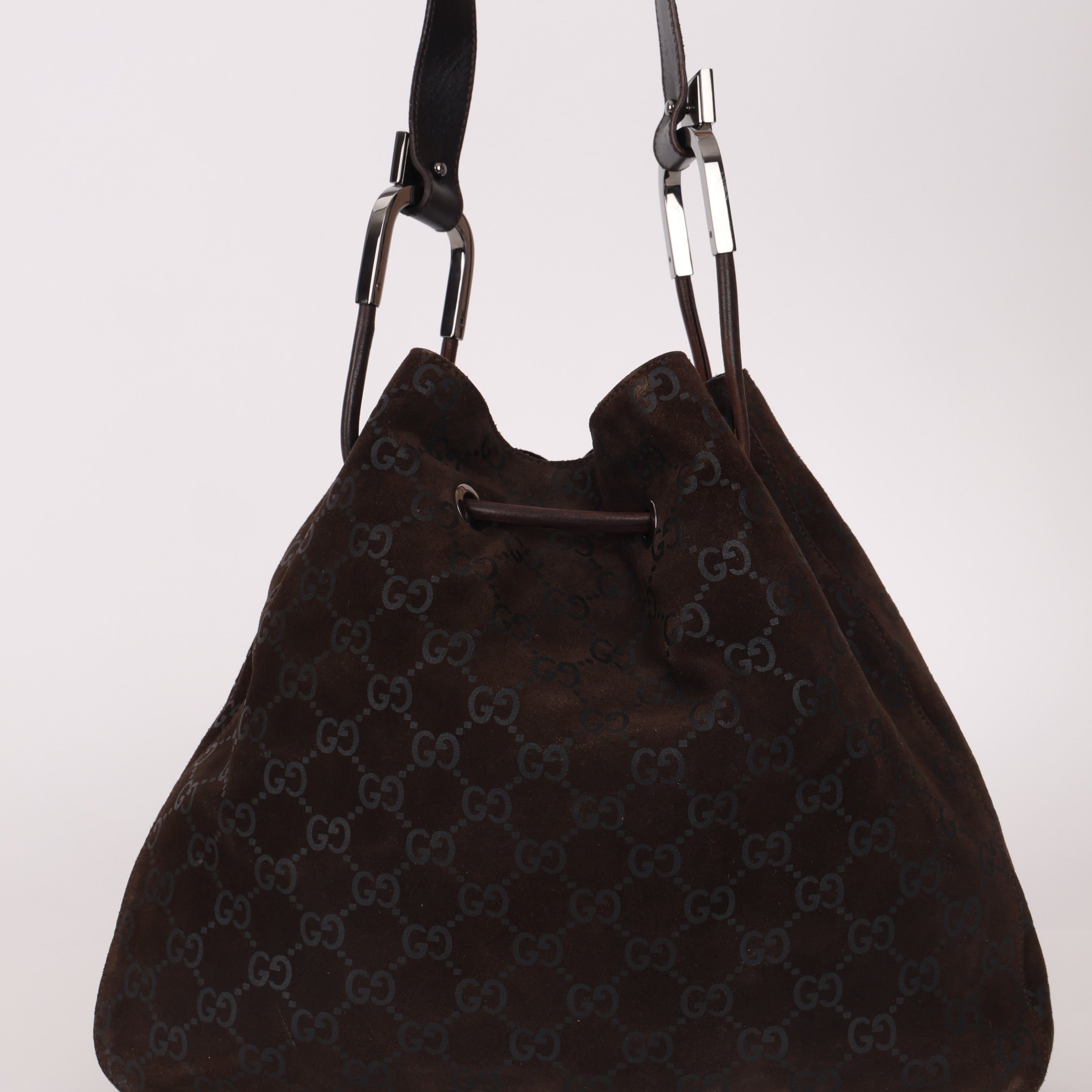 Gucci Chocolate Suede Monogram Bucket Bag