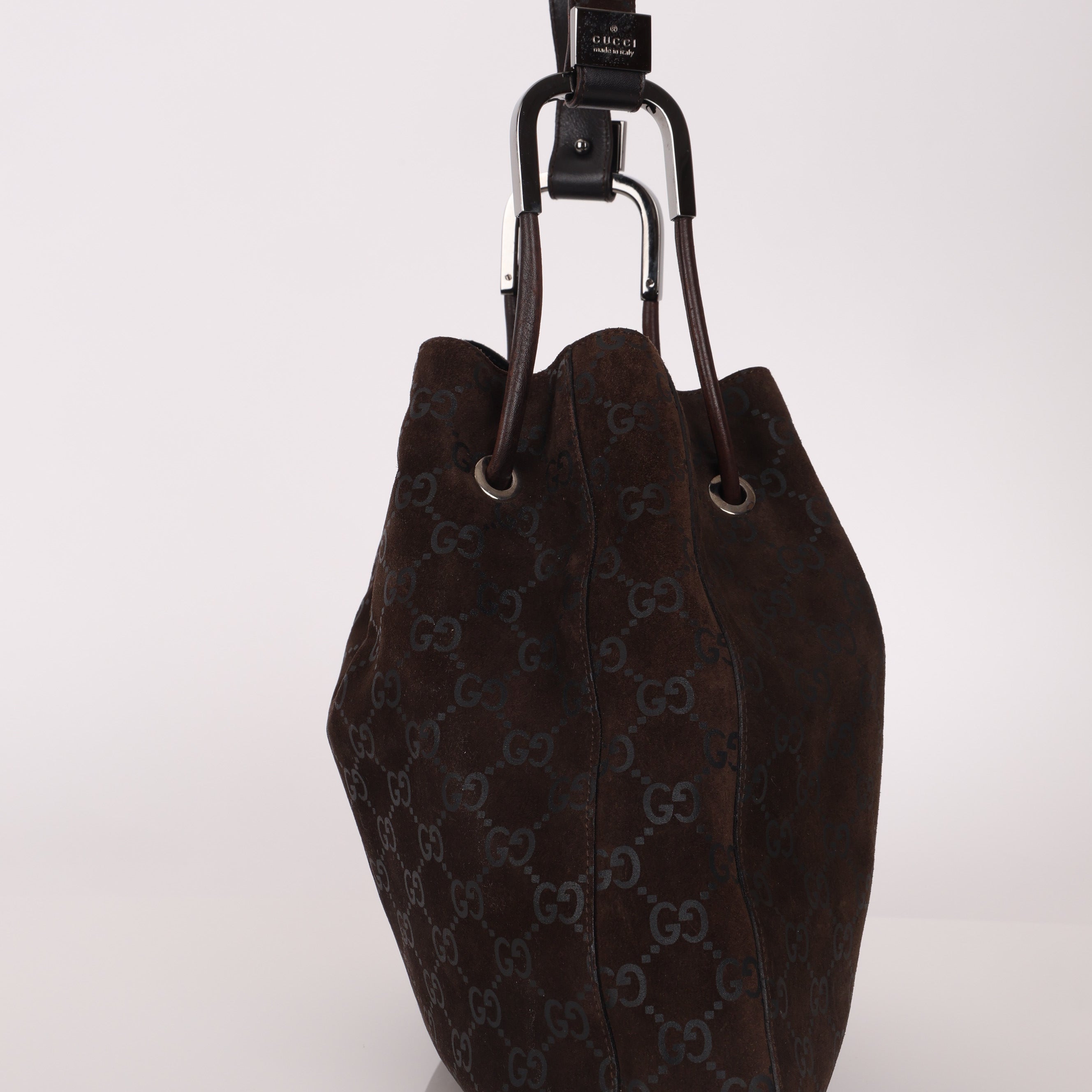 Gucci Chocolate Suede Monogram Bucket Bag