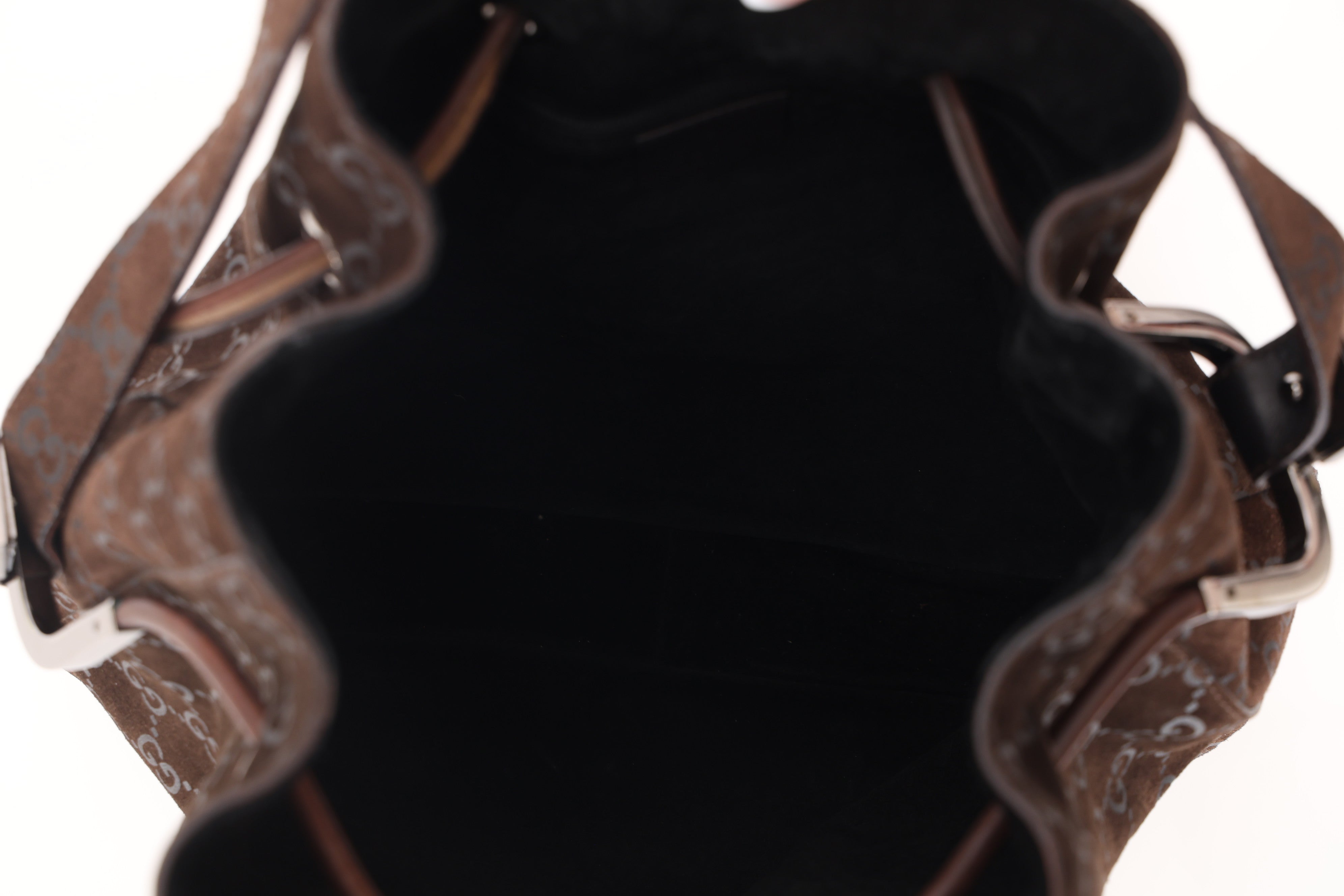 Gucci Chocolate Suede Monogram Bucket Bag