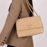 Rare Chanel 1995 Beige Caviar Diagonal Stitch Jumbo Flap Bag 24k GP