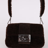 Fendi Shearling Chocolate Mini Baguette Bag