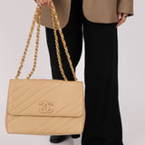 Rare Chanel 1995 Beige Caviar Diagonal Stitch Jumbo Flap Bag 24k GP