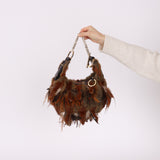 Rare Fendi Feather & Mink Crescent Toggle Shoulder Bag