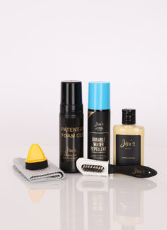 Collection of leather grooming products including bottles, a brush, and a cloth on a white background