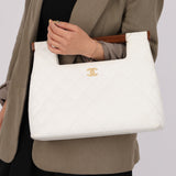 Rare Chanel 2003 White Caviar Wood Top Handle Tote