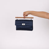 Rare Chanel 2002 Satin Navy Re-Issue Chocolate Bar Wood Top Handle