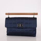 Rare Chanel 2002 Satin Navy Re-Issue Chocolate Bar Wood Top Handle