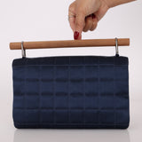 Rare Chanel 2002 Satin Navy Re-Issue Chocolate Bar Wood Top Handle
