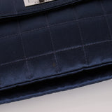 Rare Chanel 2002 Satin Navy Re-Issue Chocolate Bar Wood Top Handle