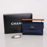 Rare Chanel 2002 Satin Navy Re-Issue Chocolate Bar Wood Top Handle