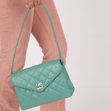 Rare Chanel 1997 Teal Caviar CC Turnlock Envelope Shoulder Kelly