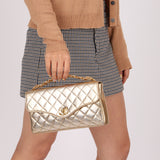 Rare Chanel 1995 Metallic Gold Matelasse Lambskin Turnlock Clutch 24K GP
