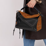 Rare Loewe Plaid Suede and Calfskin Medium Puzzle Bag