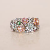2000s 18K White Gold Tanzanite, Sapphire, Garnet and Diamond Floral Clusters Ring, Size US 5.75 - Drop 23