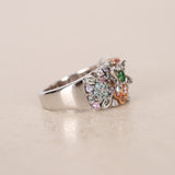 2000s 18K White Gold Tanzanite, Sapphire, Garnet and Diamond Floral Clusters Ring, Size US 5.75 - Drop 23