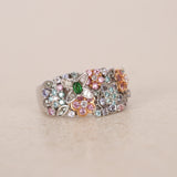 2000s 18K White Gold Tanzanite, Sapphire, Garnet and Diamond Floral Clusters Ring, Size US 5.75 - Drop 23