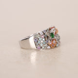 2000s 18K White Gold Tanzanite, Sapphire, Garnet and Diamond Floral Clusters Ring, Size US 5.75 - Drop 23