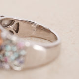 2000s 18K White Gold Tanzanite, Sapphire, Garnet and Diamond Floral Clusters Ring, Size US 5.75 - Drop 23