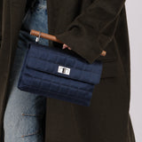 Rare Chanel 2002 Satin Navy Re-Issue Chocolate Bar Wood Top Handle