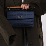 Rare Chanel 2002 Satin Navy Re-Issue Chocolate Bar Wood Top Handle