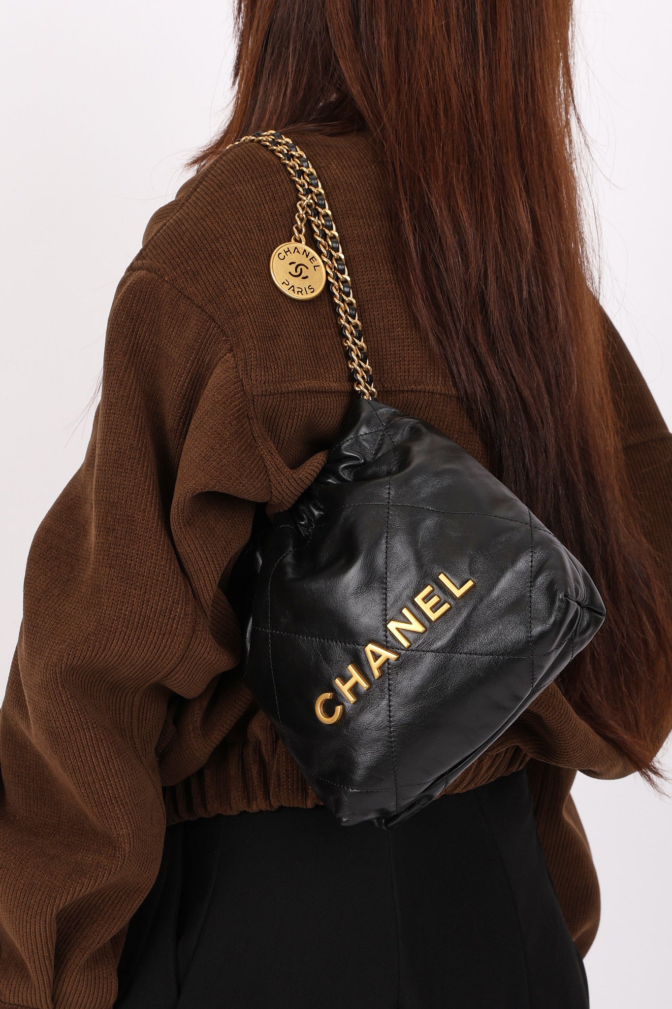 Chanel Mini 22 Bag Black Shiny Calfskin 2023 AGHW