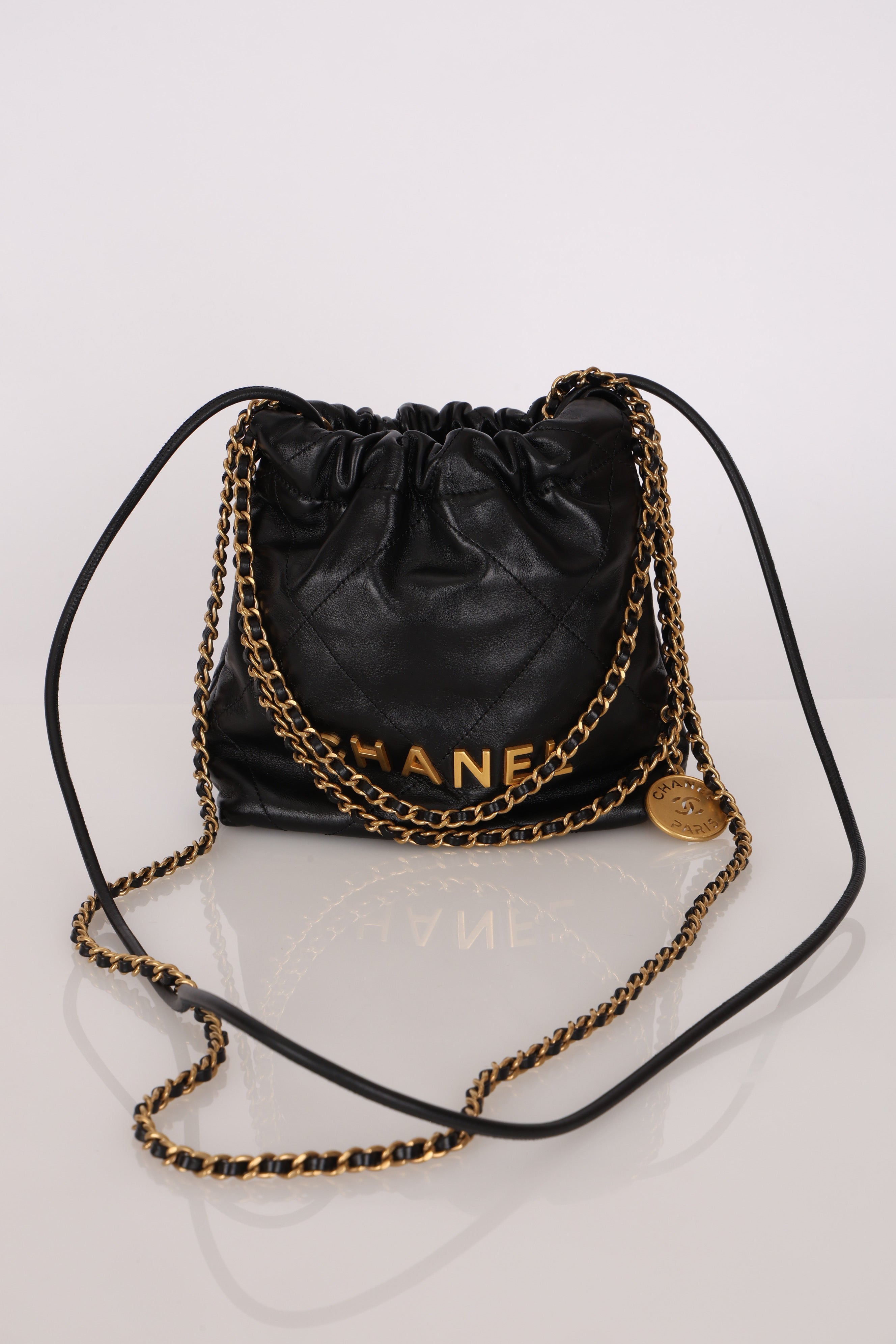 Chanel Mini 22 Bag Black Shiny Calfskin AGHW