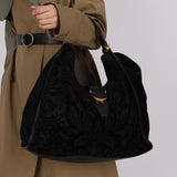 Gucci Black Brocade Suede and Leather Soft Stirrup Hobo
