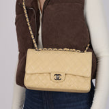 Chanel 2007 Light Beige Quilted Caviar Medium Double Flap SHW