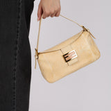 Rare Fendi Beige Goatskin Rose Quartz Double Flap Baguette