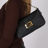 Fendi Charcoal Zucchino Coated Canvas Double Flap Baguette