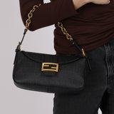 Fendi Charcoal Zucchino Coated Canvas Double Flap Baguette