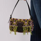 Limited Edition Fendi Brown Embroidered Fringe Beads Baguette Bag