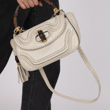 Gucci White Calfskin Whipstitch New Bamboo Medium Top Handle Bag