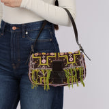 Limited Edition Fendi Brown Embroidered Fringe Beads Baguette Bag