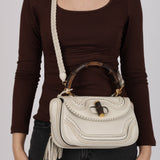 Gucci White Calfskin Whipstitch New Bamboo Medium Top Handle Bag