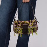 Limited Edition Fendi Brown Embroidered Fringe Beads Baguette Bag