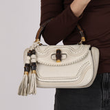 Gucci White Calfskin Whipstitch New Bamboo Medium Top Handle Bag